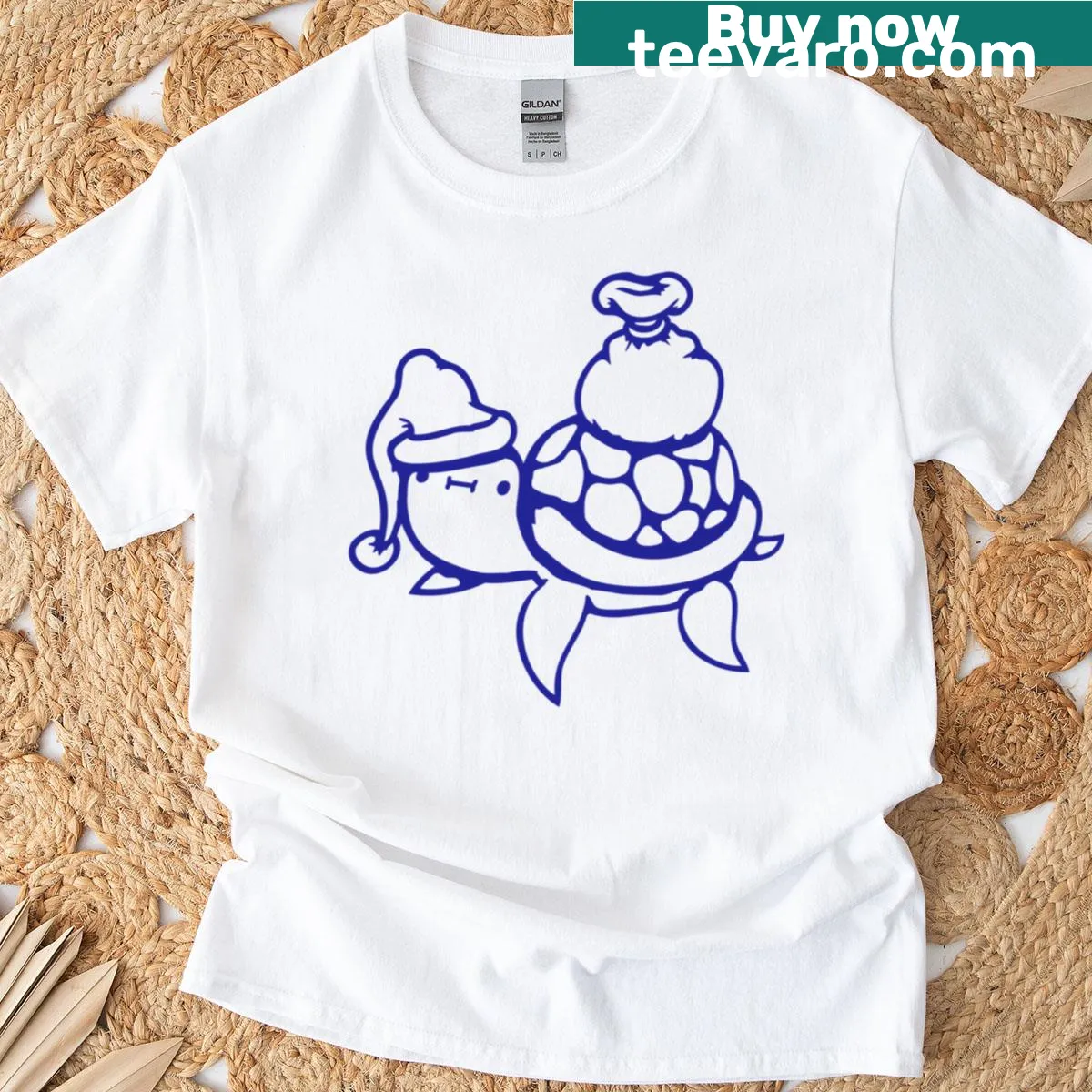 Whimsical water turtle Santa-themed t-shirt with presents — on a men's t-shirt