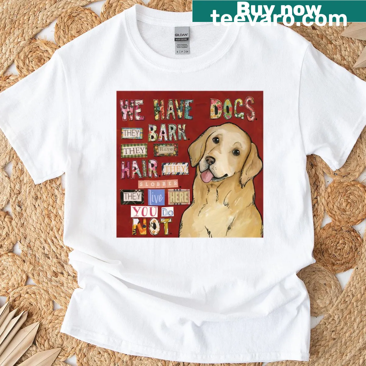 Hand created art t-shirt featuring a Golden Retriever illustration — on a men's t-shirt