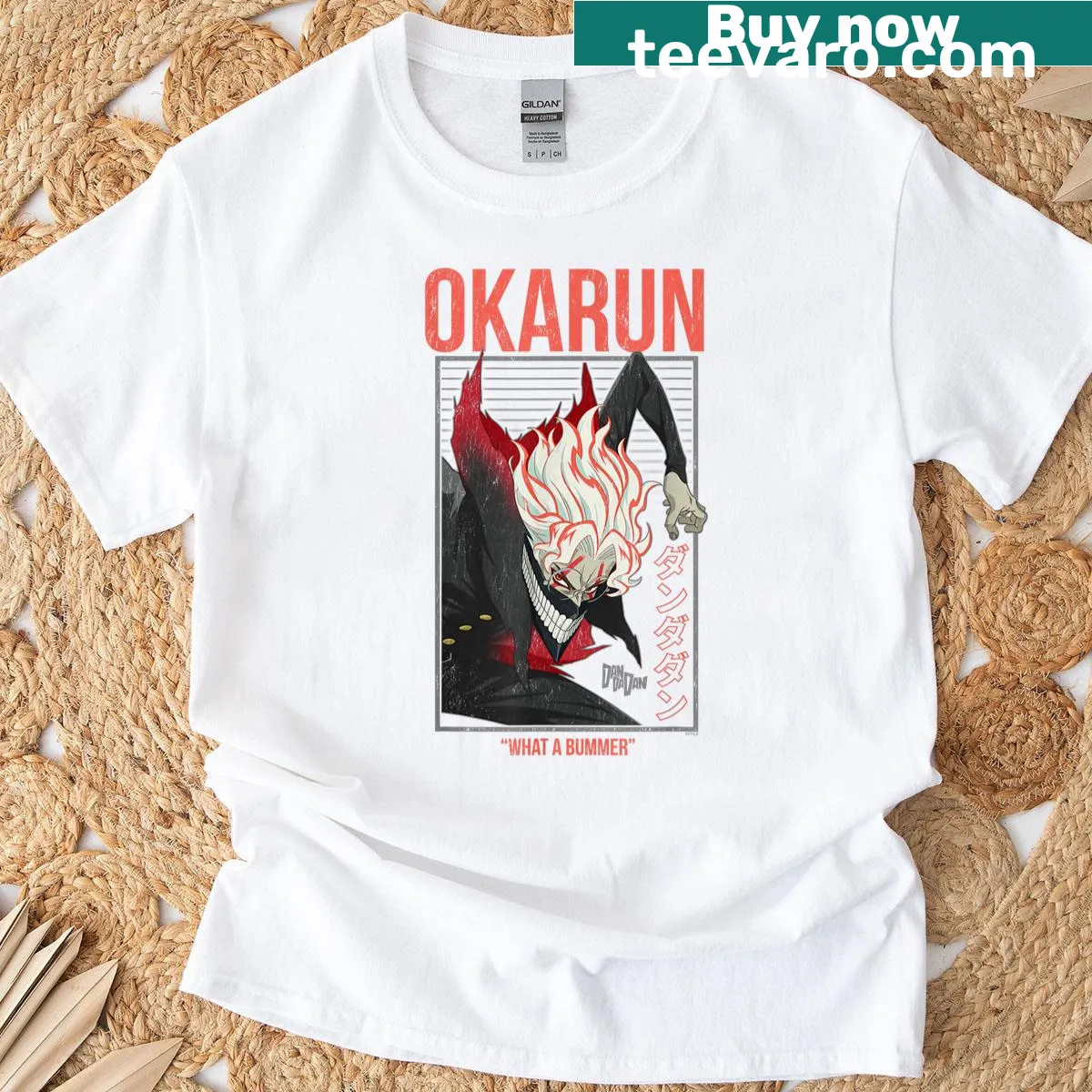 Anime character Okarun with kanji text graphic on a T-shirt — on a men's t-shirt