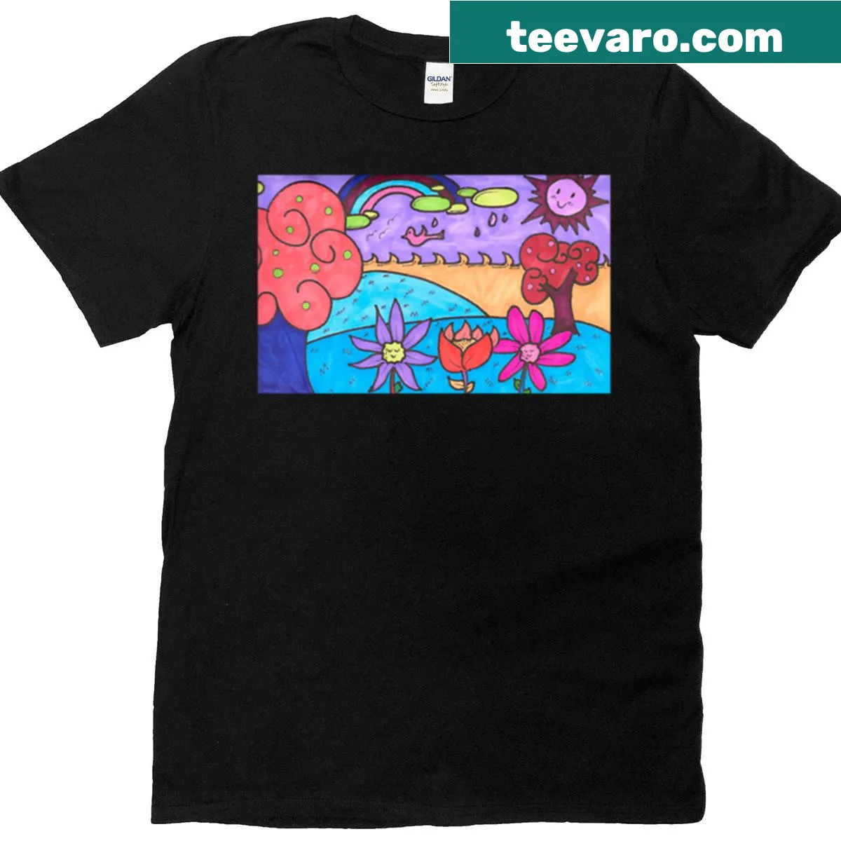 T-shirt with whimsical landscape illustration — on a men's t-shirt