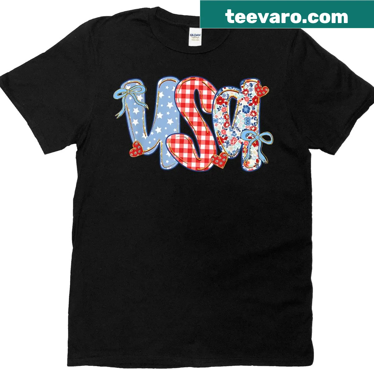 Cute kids' patriotic t-shirt with floral and bow design for July 4th — on a men's t-shirt