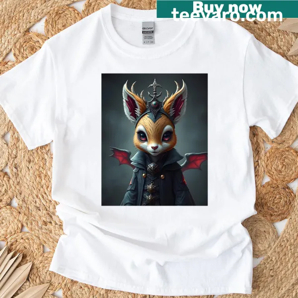 Graphic t-shirt featuring woodland creatures with red eyes