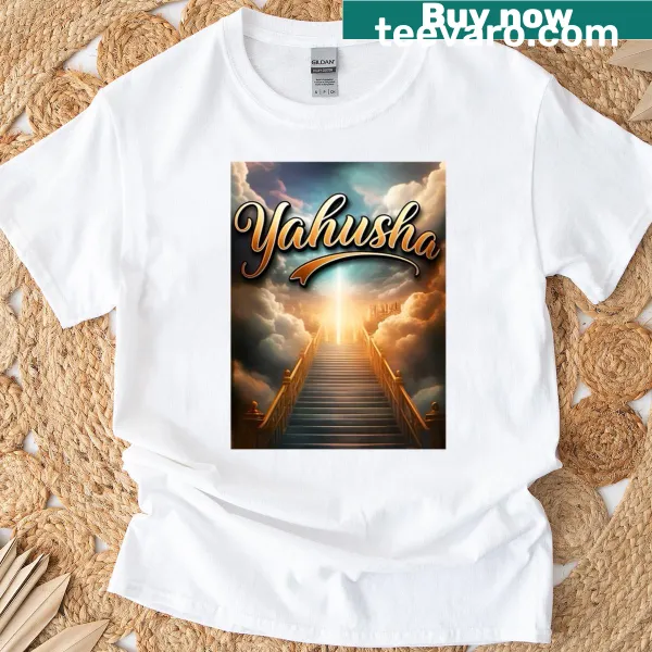 Text graphic of the name 'Yahusha' on a T-shirt
