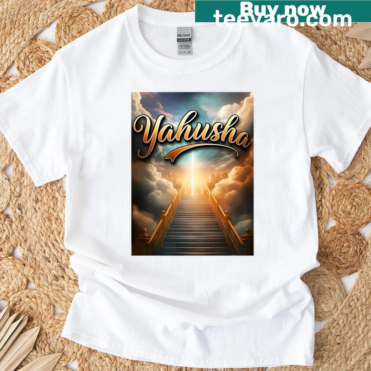 Text graphic of the name 'Yahusha' on a T-shirt — on a men's t-shirt