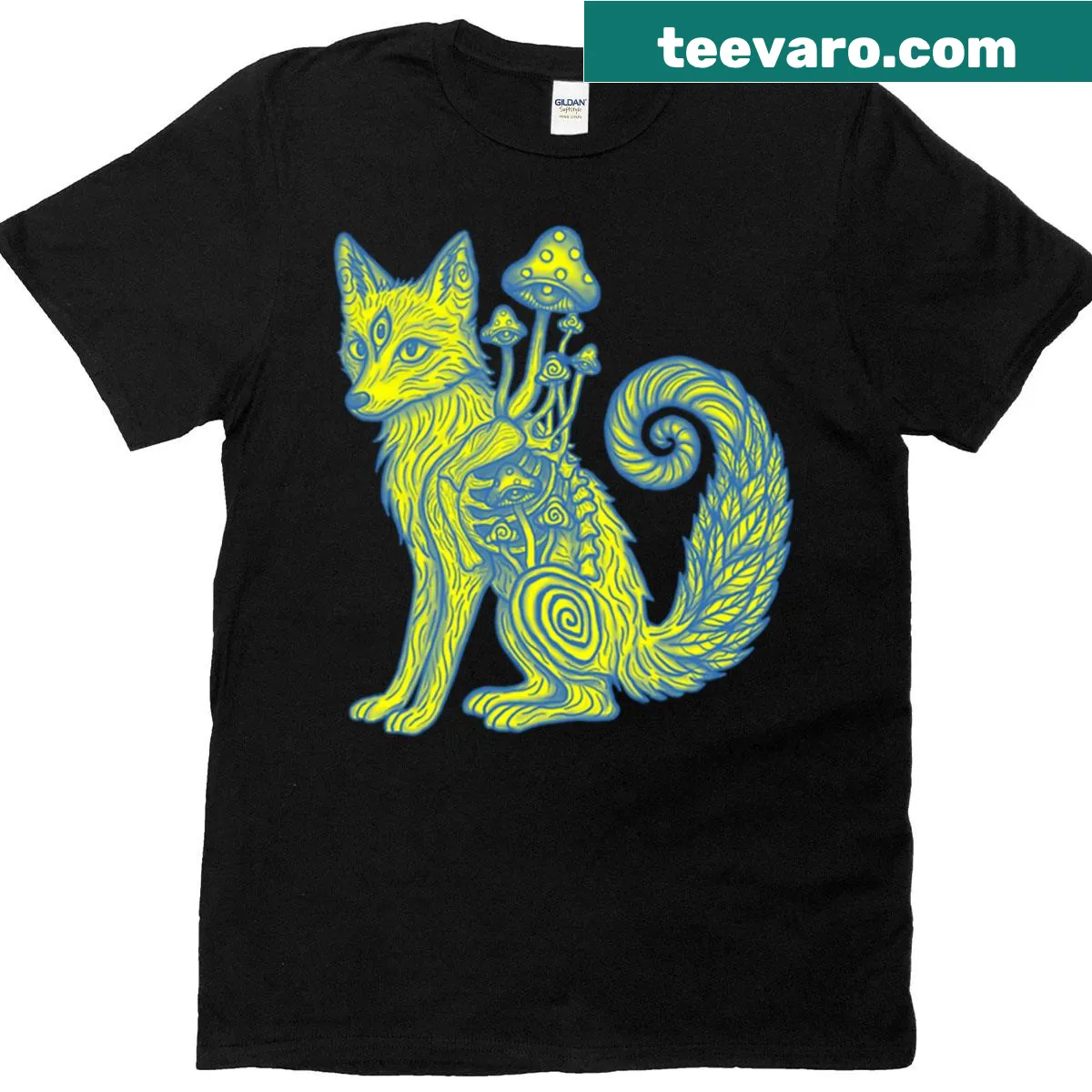 Illustrative shirt featuring trippy mushrooms, ferns, and a fox — on a men's t-shirt