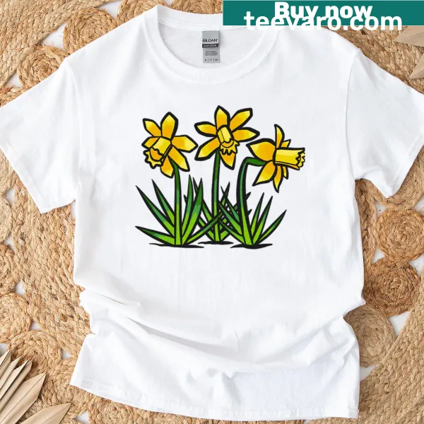 Nature-themed t-shirt featuring a yellow narcissus flower illustration