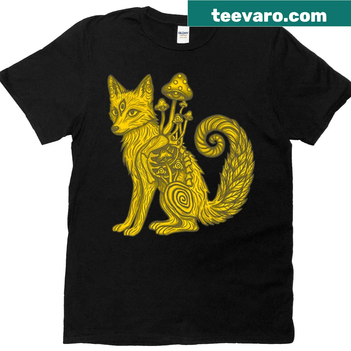 Cartoon fox with trippy mushrooms and ferns on a premium t-shirt — on a men's t-shirt