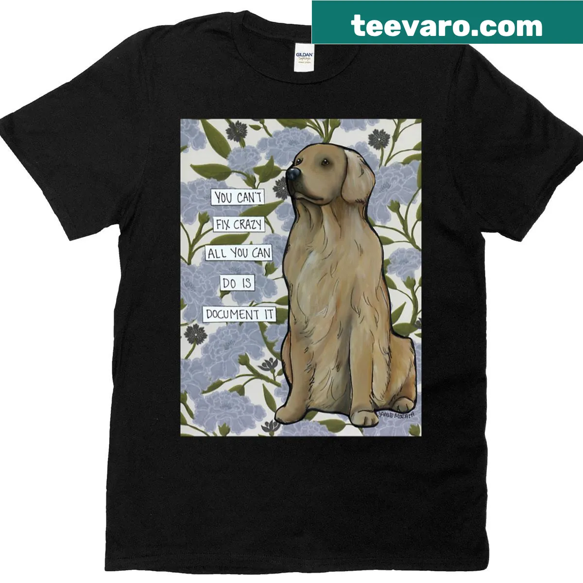 Oversized T-shirt with a humorous golden retriever design and text. — on a men's t-shirt