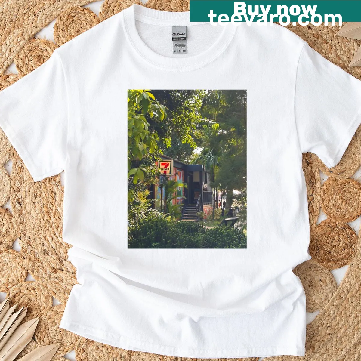 Illustration of a 7 Eleven store in a jungle setting. — on a men's t-shirt