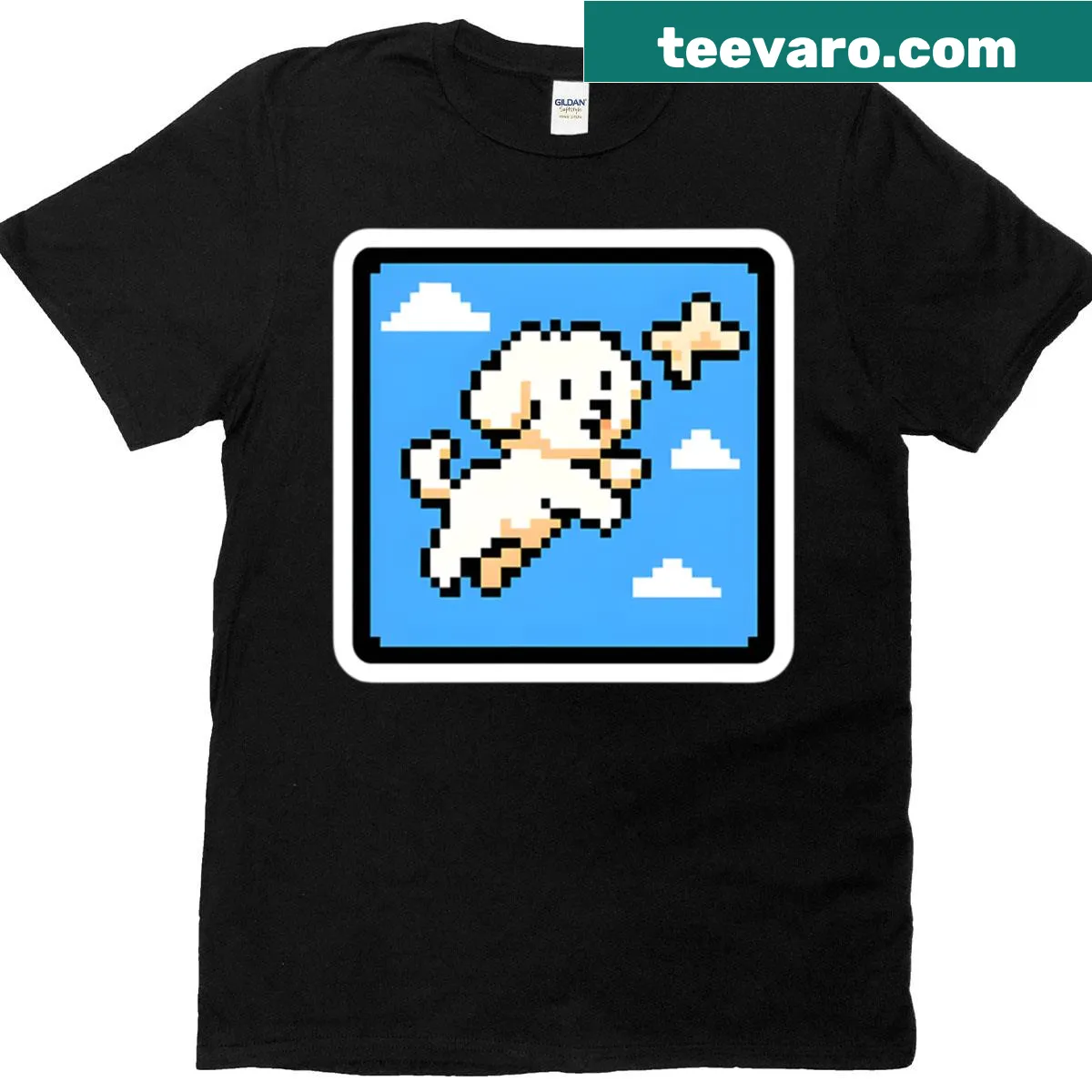 Retro pixel art T-shirt featuring a jumping Bichon Frise with a pixel bone — on a men's t-shirt