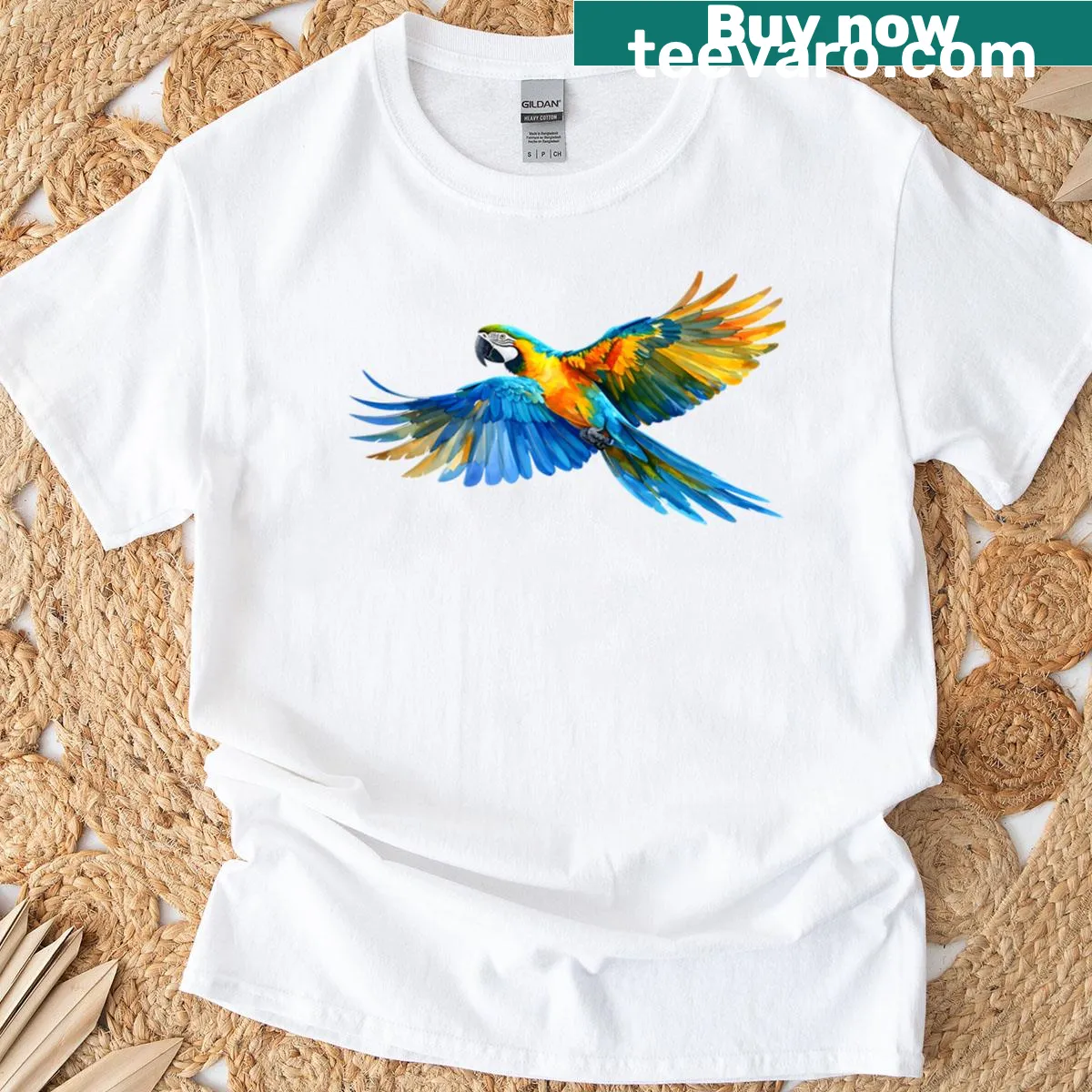 Watercolor illustration of a macaw in flight on a T-shirt — on a men's t-shirt