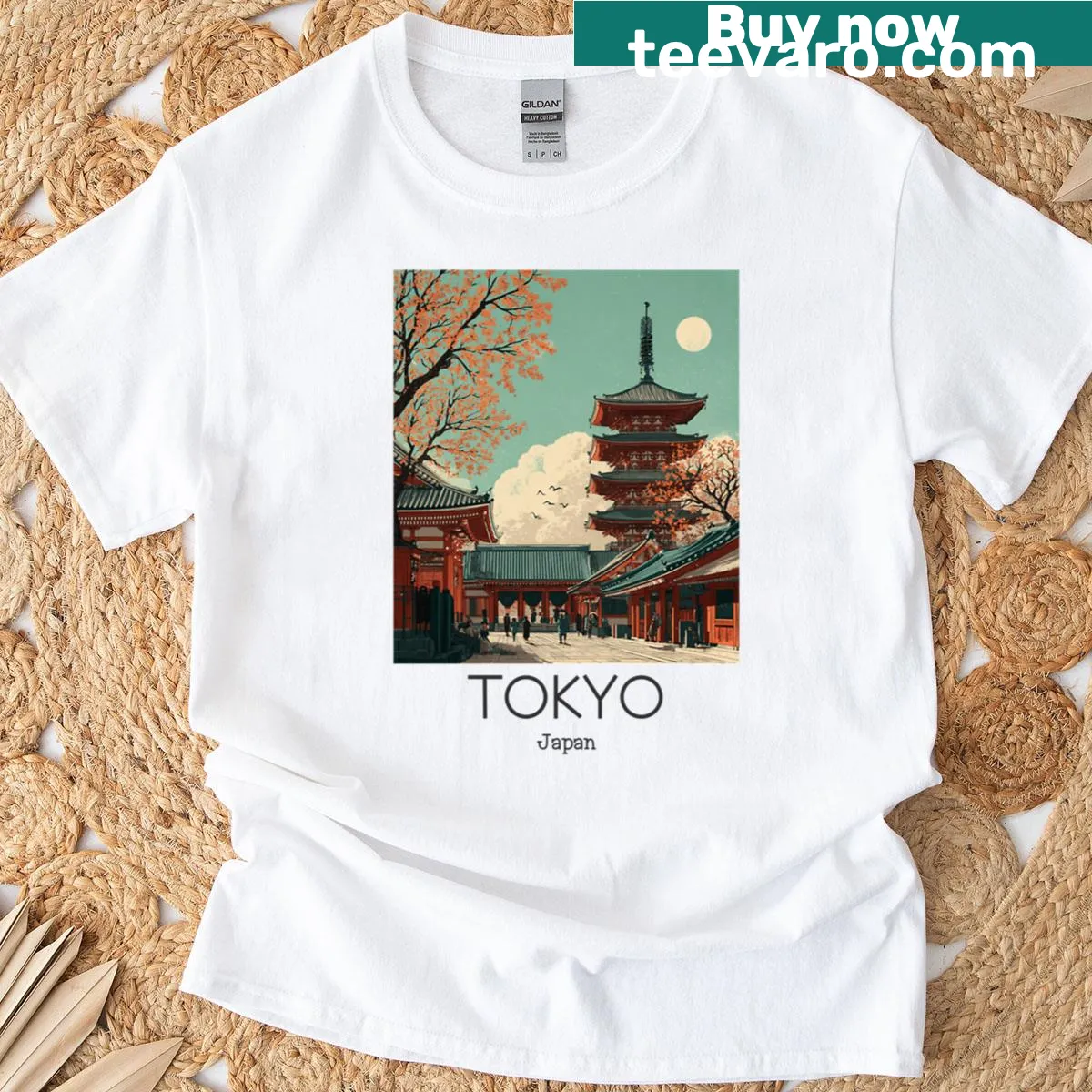 Vintage travel art design featuring Tokyo landmarks. — on a men's t-shirt