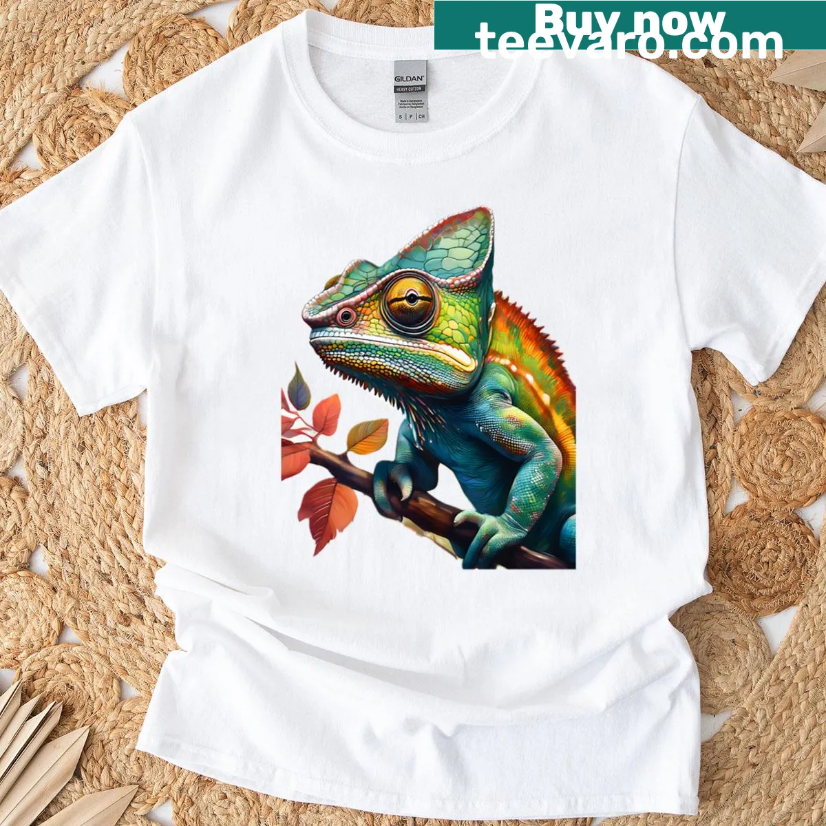 Close-up chameleon illustration on T-shirt, showcasing intricate scales — on a men's t-shirt