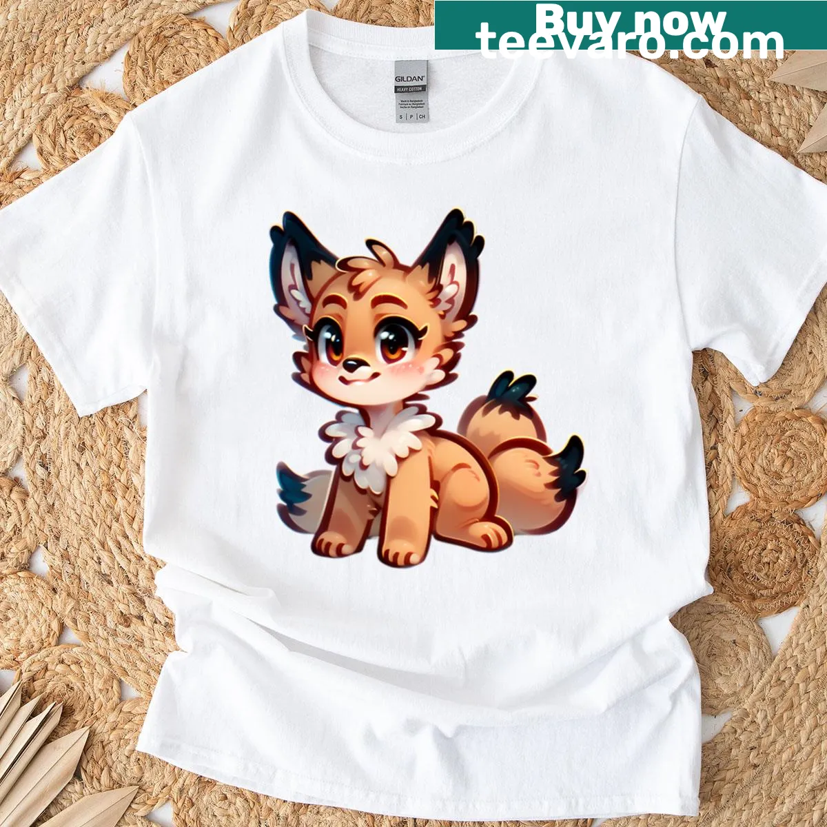 Kawaii chibi fox with fluffy tails illustration on T-shirt — on a men's t-shirt