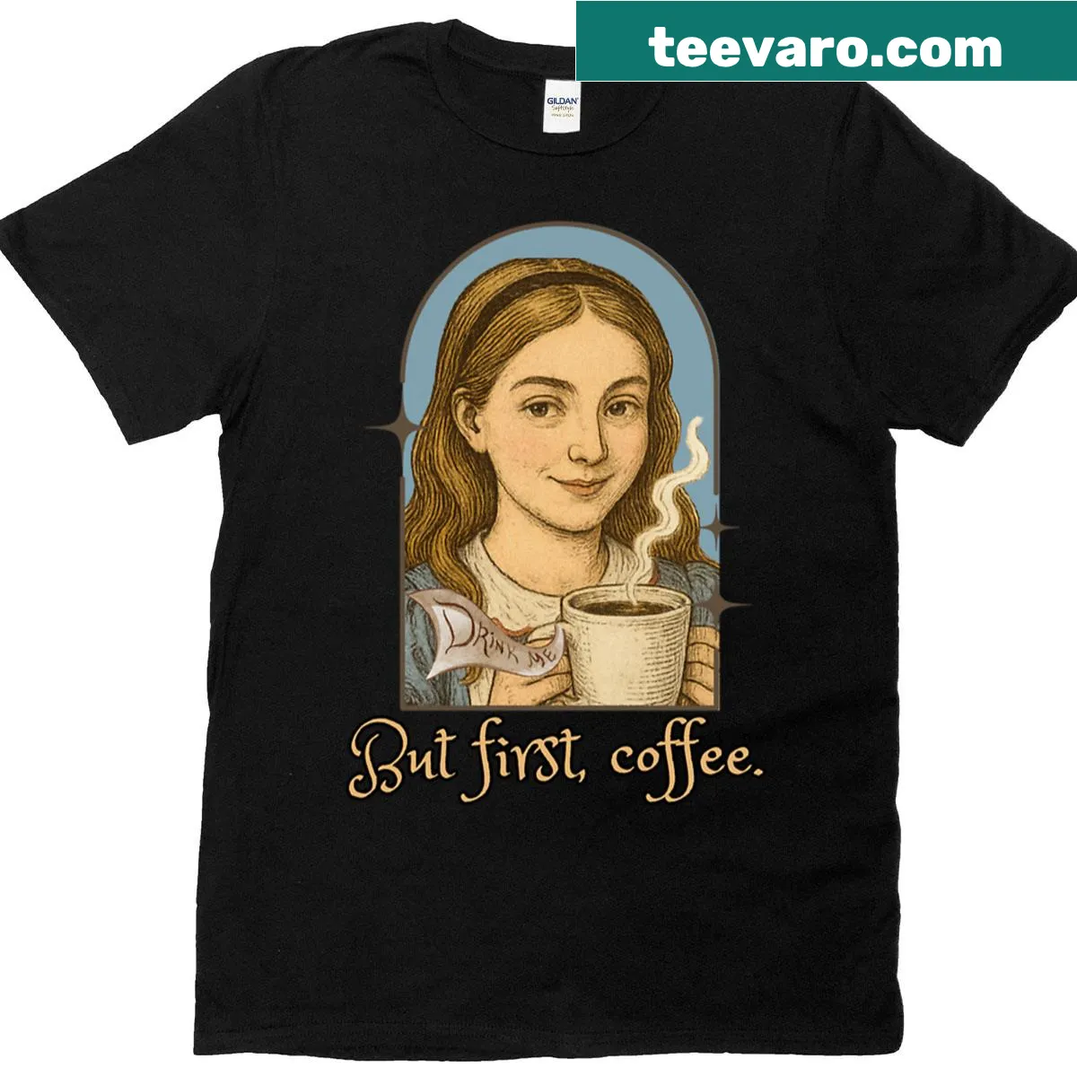 Playful 'But First Coffee' design on a t-shirt — on a men's t-shirt