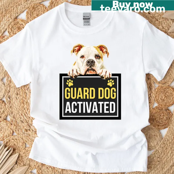 Illustrated American Bulldog design on a guard dog activated t-shirt.