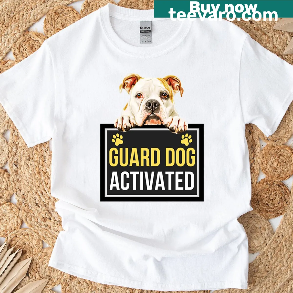Illustrated American Bulldog design on a guard dog activated t-shirt. — on a men's t-shirt