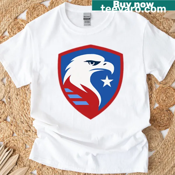 American Eagle badge t-shirt with shield, star, and red flame triband graphic.