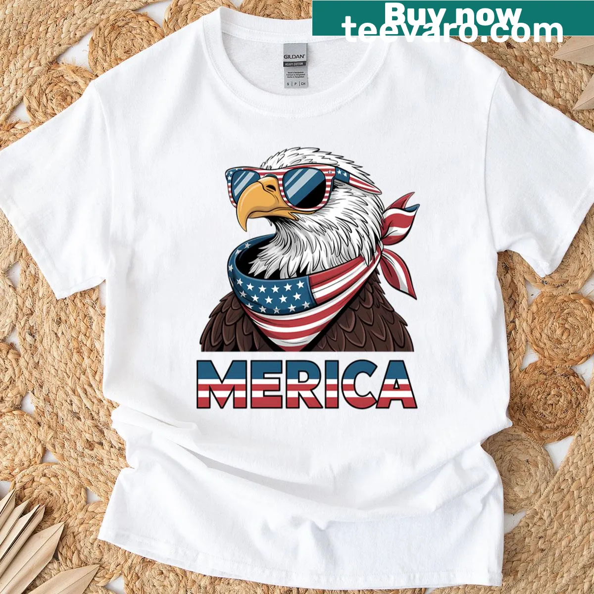 T-shirt featuring an American eagle and badge design. — on a men's t-shirt