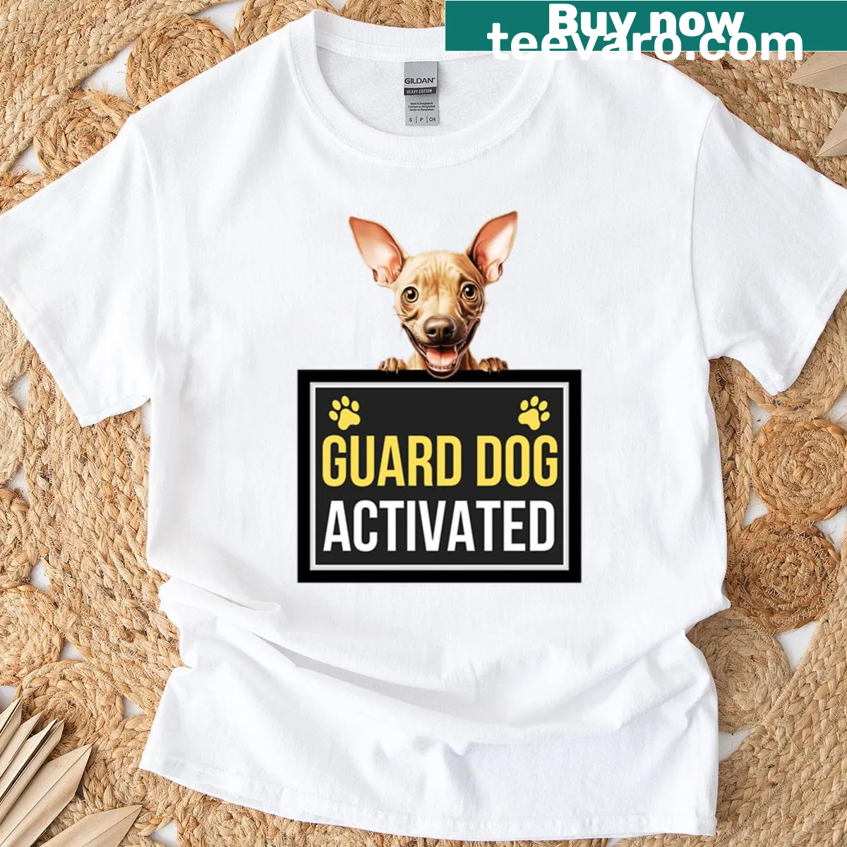 Illustration of an American Hairless Terrier as a guard dog. — on a men's t-shirt