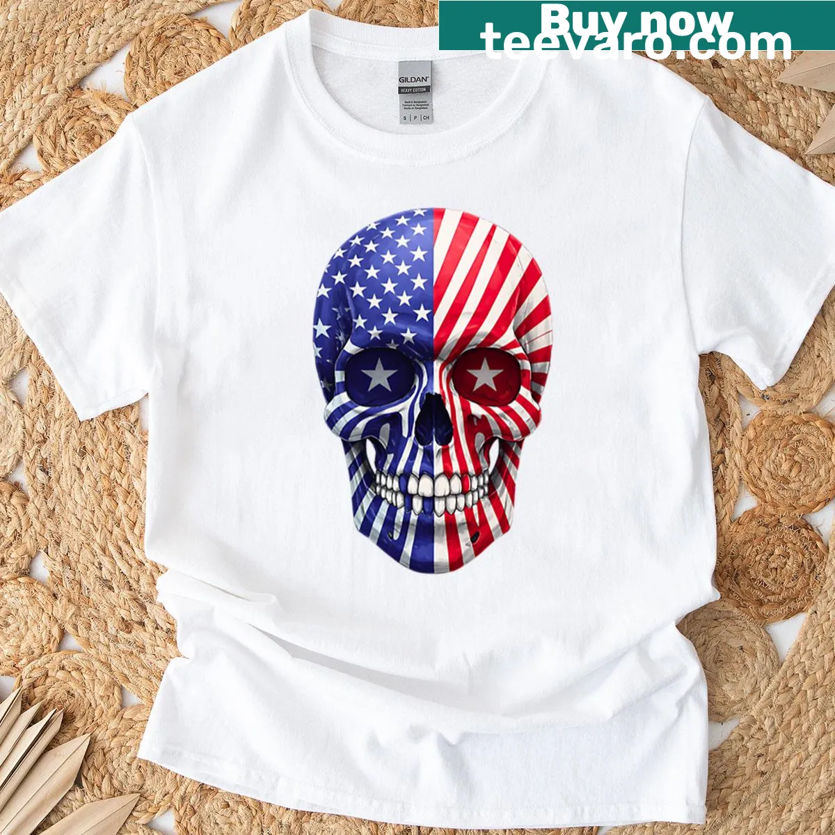 Skull design wrapped in the American flag. — on a men's t-shirt