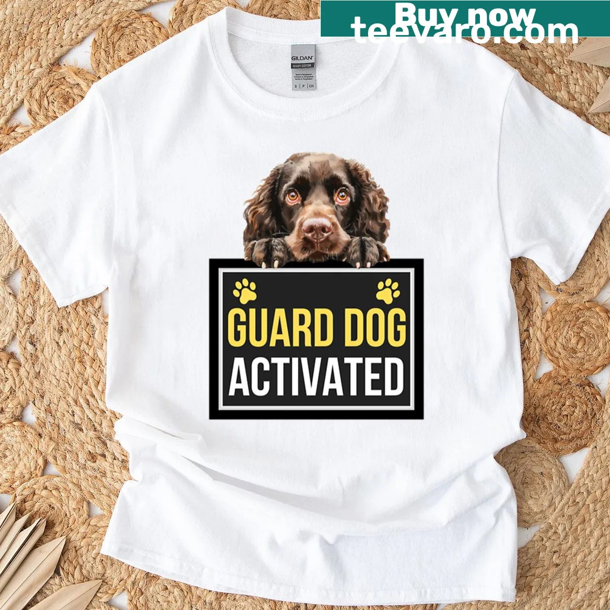 Illustrated American Water Spaniel graphic on a guard dog activated t-shirt. — on a men's t-shirt