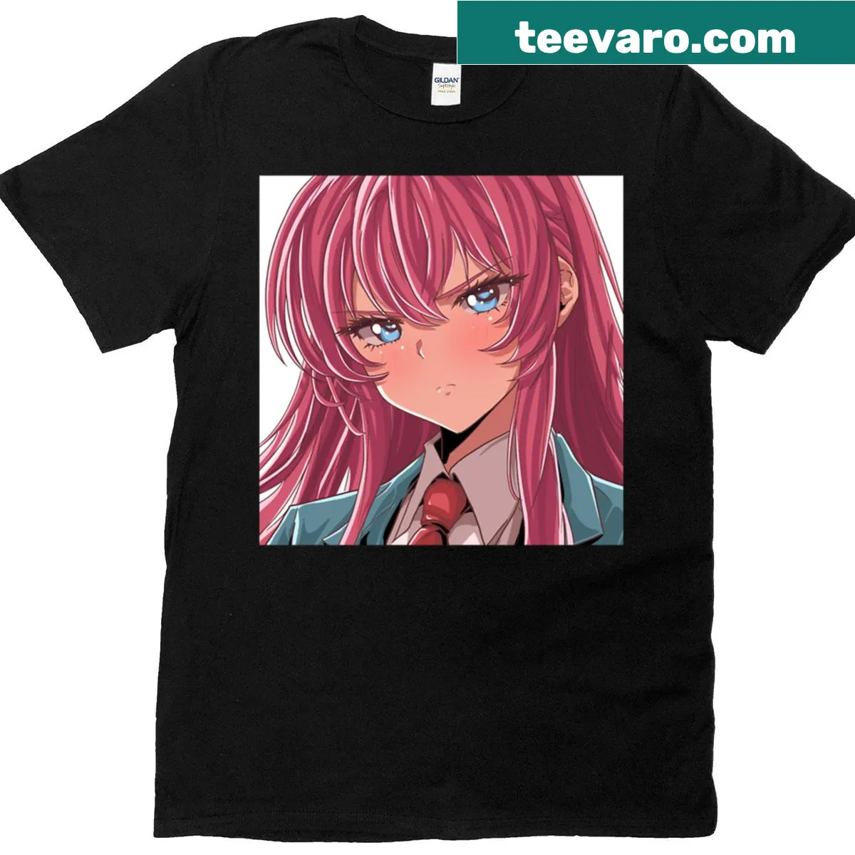Illustration of a fierce red-haired anime girl on a t-shirt — on a men's t-shirt