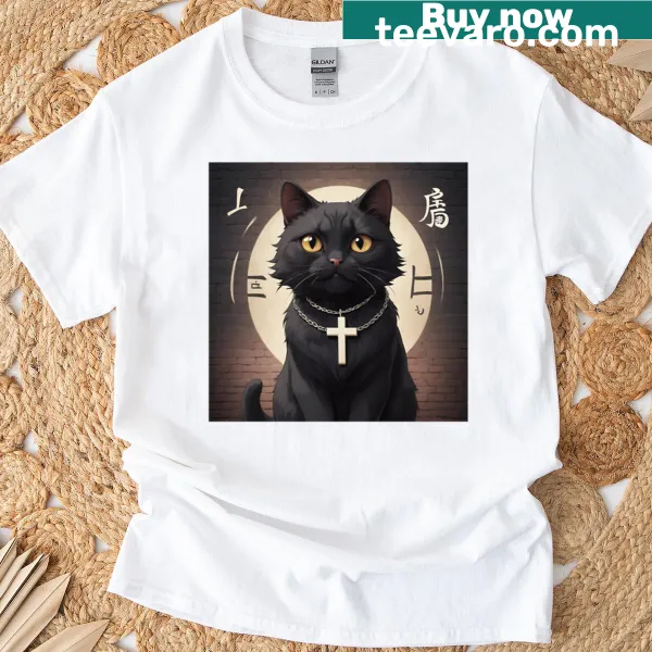 Kawaii anime cat graphic with a devotional message on a t-shirt.