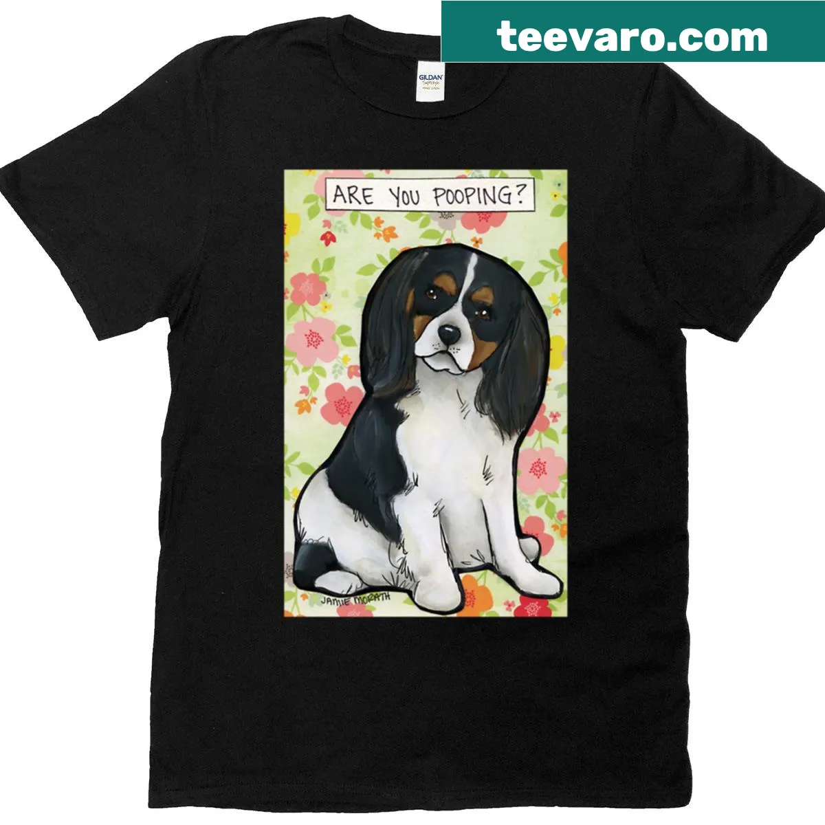 Whimsical Cavalier King Charles Spaniel graphic on dog-themed shirt — on a men's t-shirt