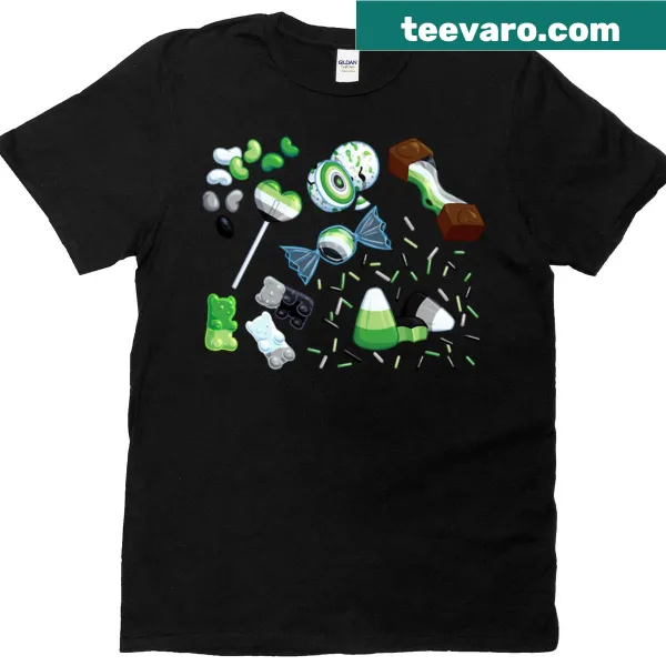 Cartoon-style candy graphics celebrating aromantic pride on a t-shirt