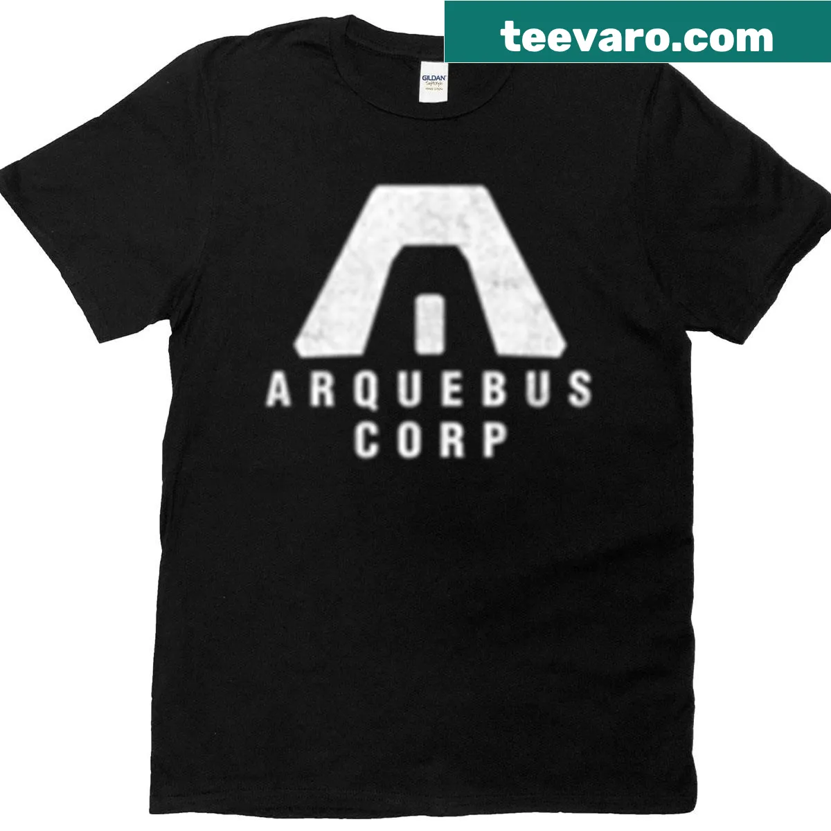 Chest pocket T-shirt with Arquebus Corporation line-art logo — on a men's t-shirt