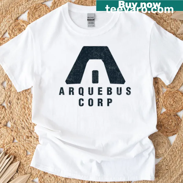 T-shirt featuring the Arquebus Corporation logo prominently displayed.