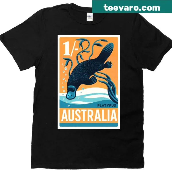 Stylized postage stamp design featuring a platypus on a t-shirt
