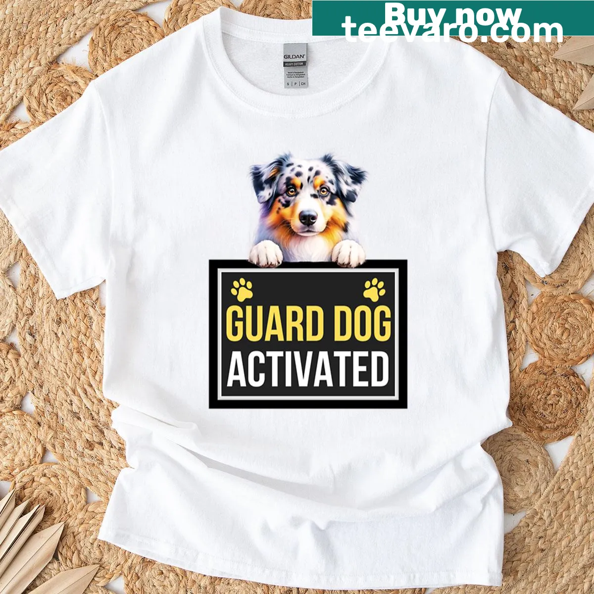 Illustration of an Australian Shepherd with 'Guard Dog Activated' text — on a men's t-shirt