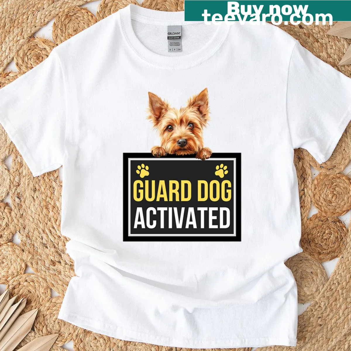 Illustration of an Australian Terrier with 'Guard Dog Activated' text — on a men's t-shirt