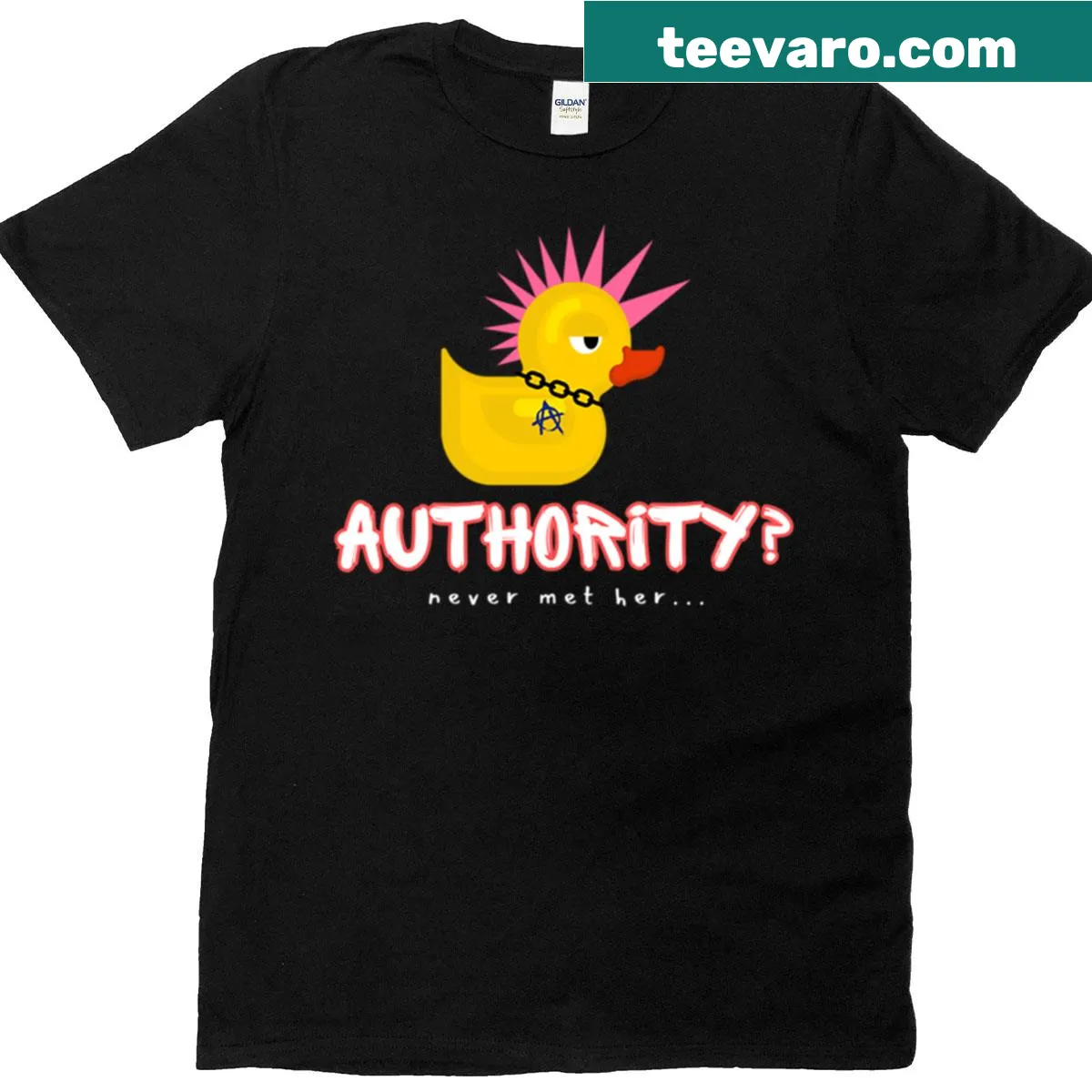 Dark grey T-shirt with punk duck rebellion design and text — on a men's t-shirt