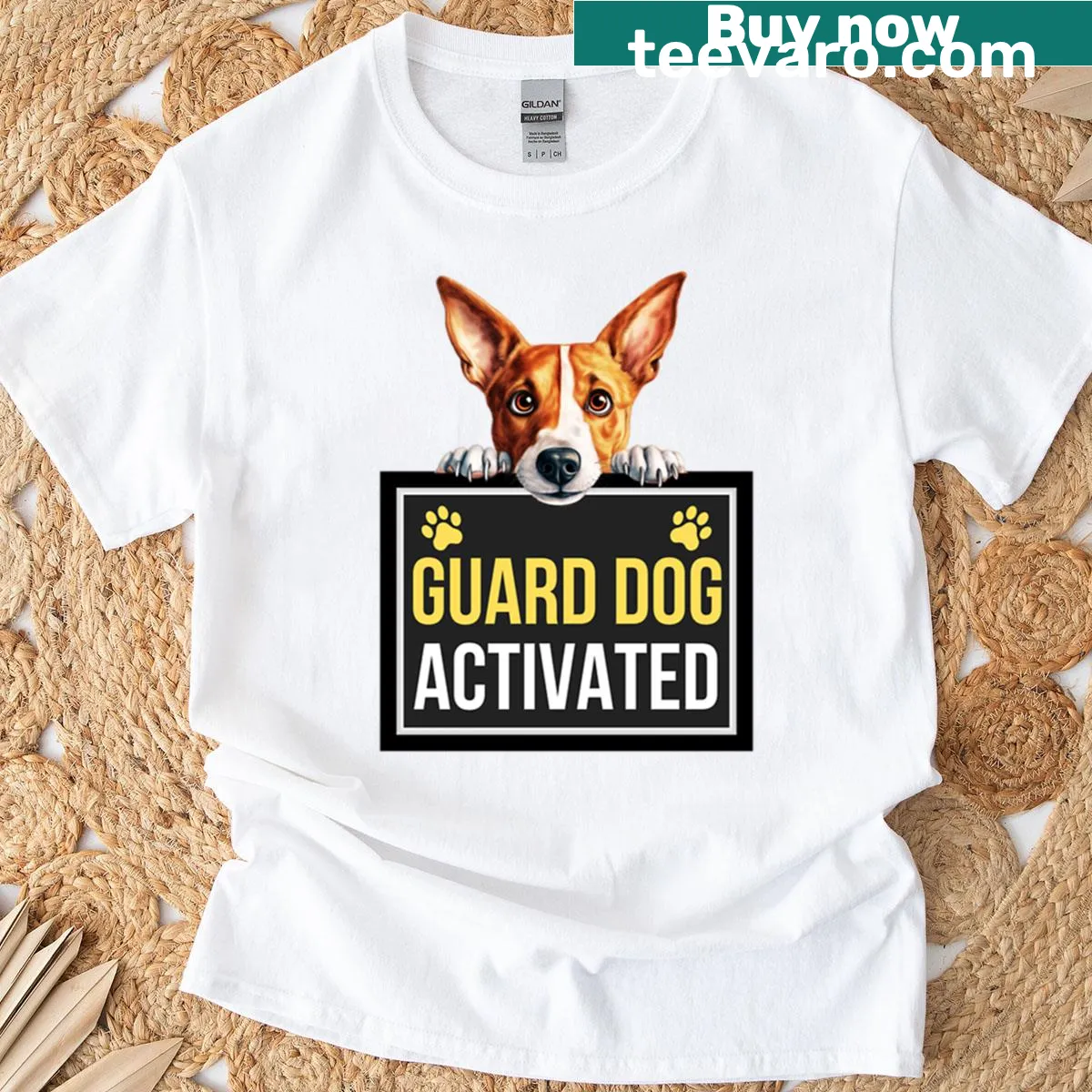 Graphic of a Basenji with 'Guard Dog Activated' text — on a men's t-shirt