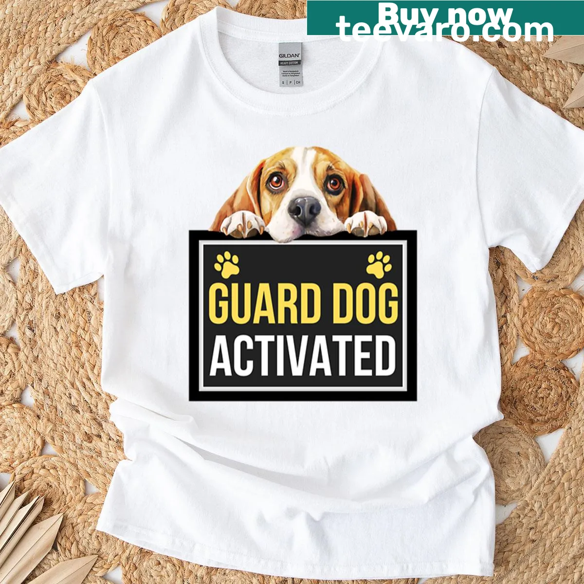 Playful Beagle graphic on Guard Dog Activated T-shirt — on a men's t-shirt
