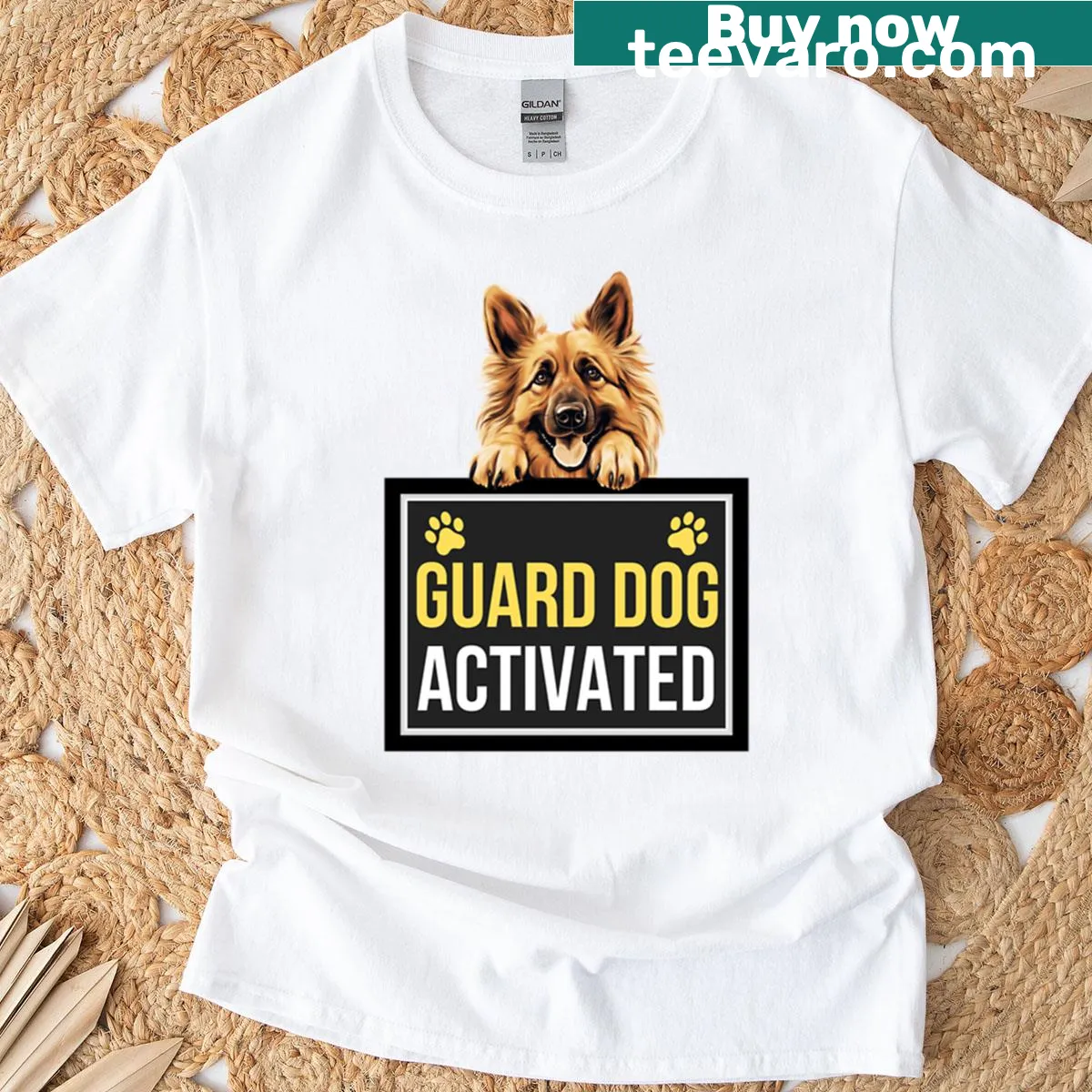 Illustration of a Belgian Tervuren dog with text 'Guard Dog Activated' — on a men's t-shirt