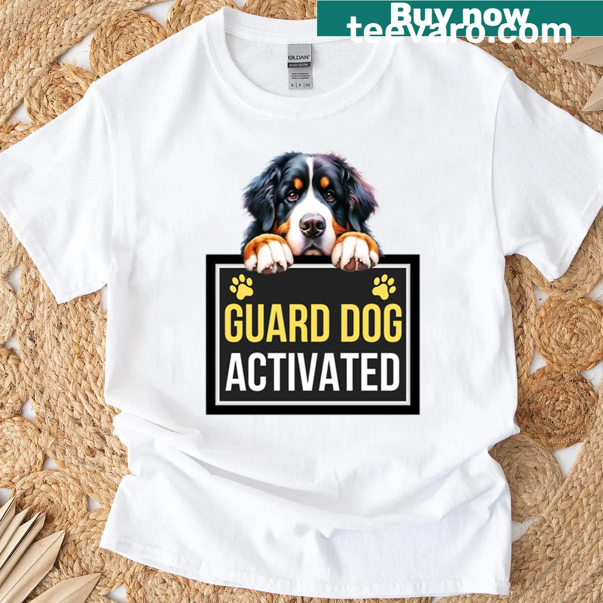 Illustration of a Bernese Mountain Dog with text 'Guard Dog Activated' — on a men's t-shirt