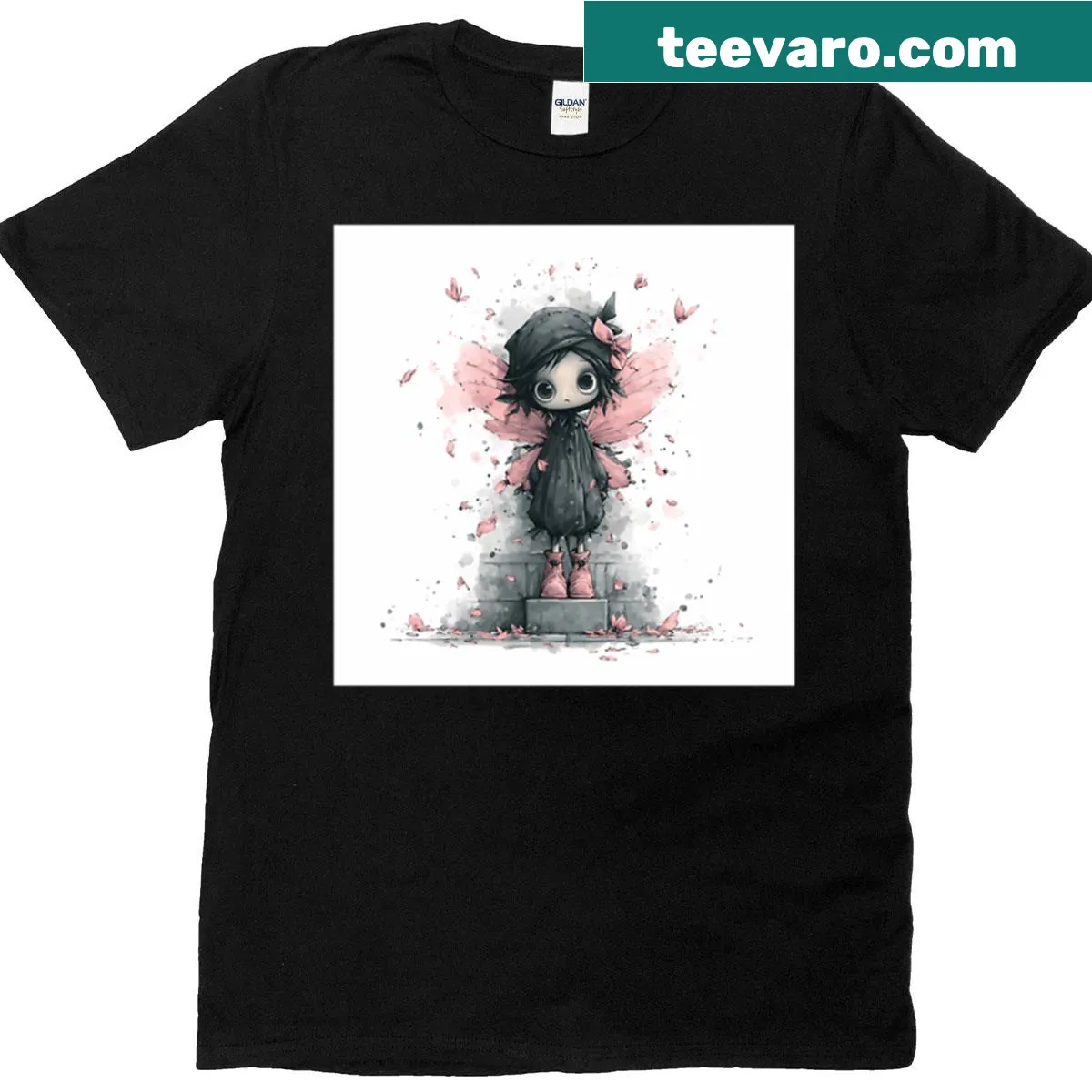 T-shirt featuring big-eyed characters with a creepy yet cute design — on a men's t-shirt