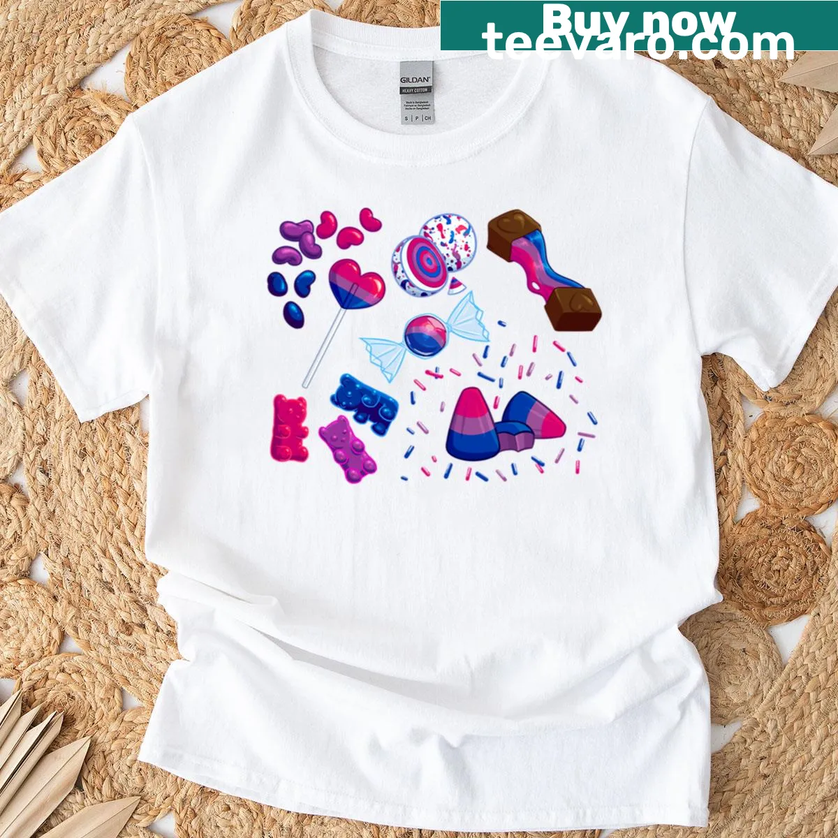 Whimsical illustration of candies celebrating bisexuality. — on a men's t-shirt