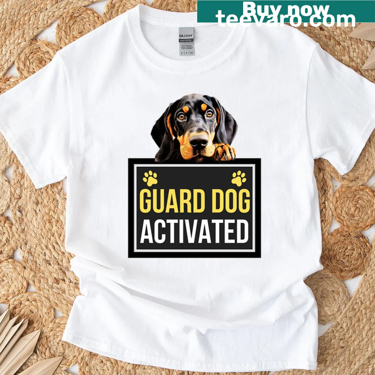 Playful Coonhound graphic on Guard Dog Activated T-shirt — on a men's t-shirt