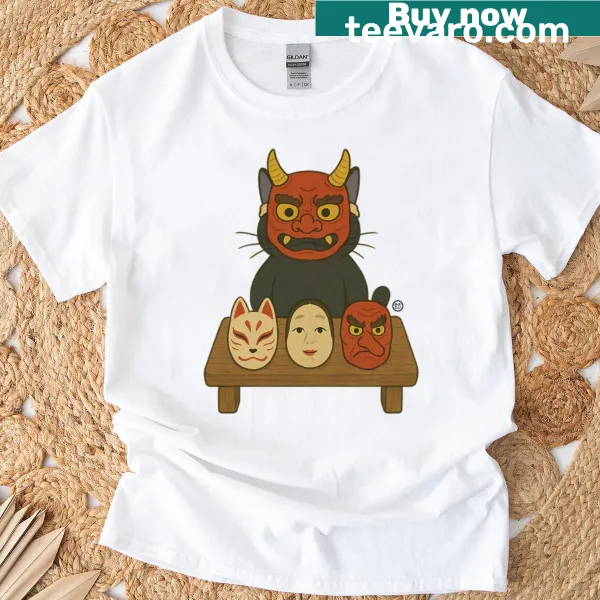 Cartoon black cat styled as a Japanese Oni mask with text