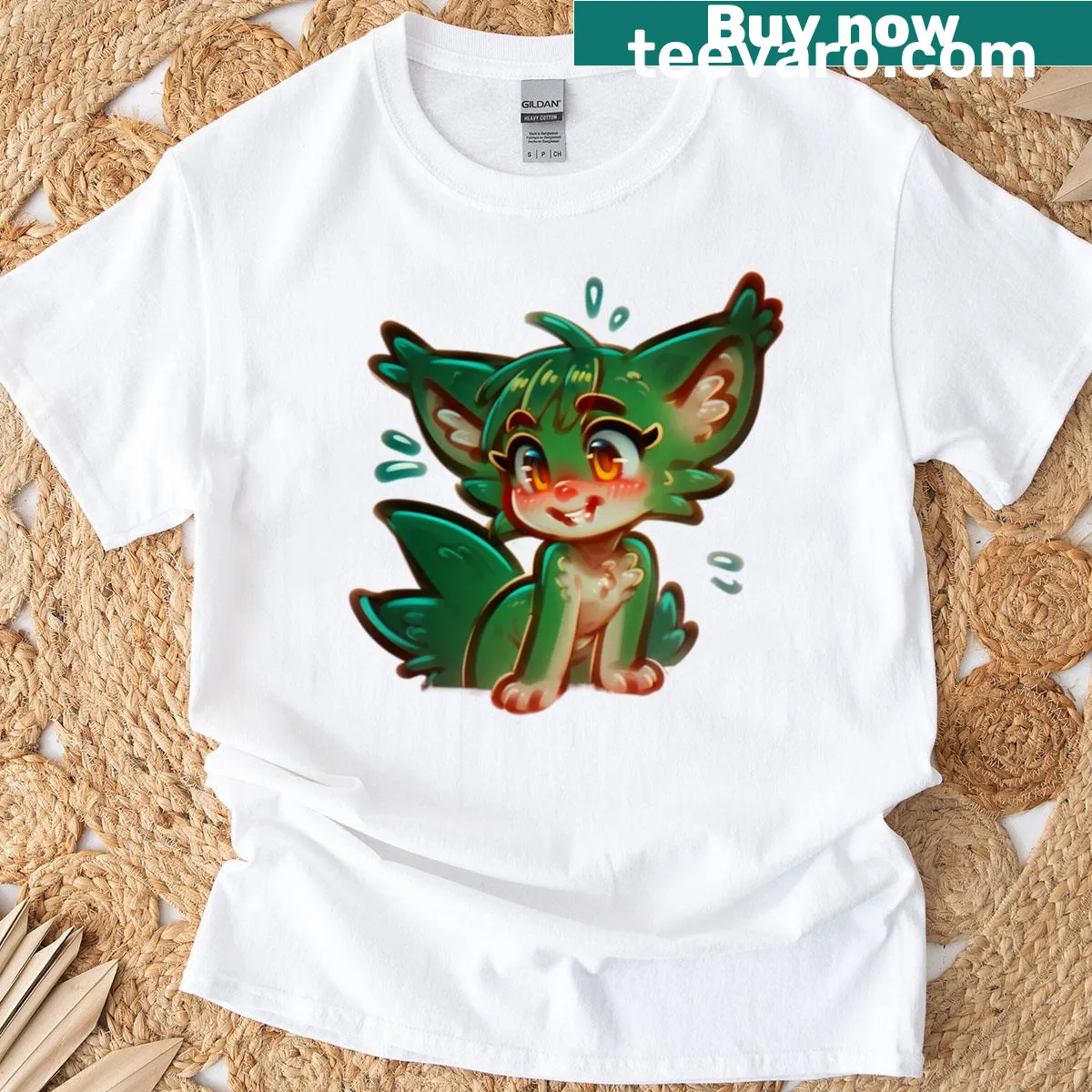 Cute cartoon chibi fox with big ears and a blush design — on a men's t-shirt