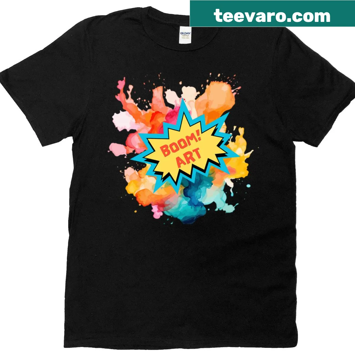 Bold typography T-shirt featuring the word 'Boom' in artistic style. — on a men's t-shirt