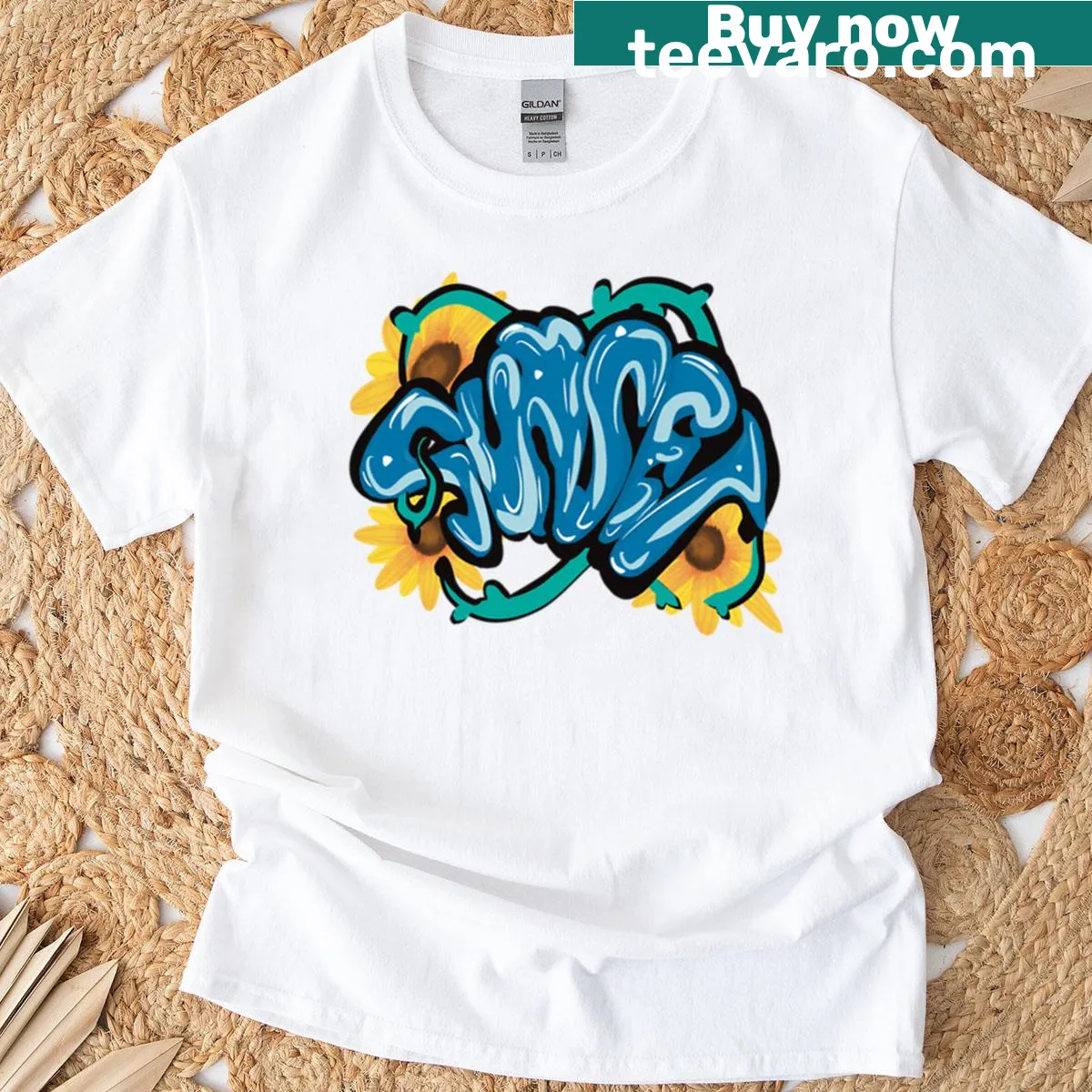Graffiti-style artistic design with sunflowers. — on a men's t-shirt