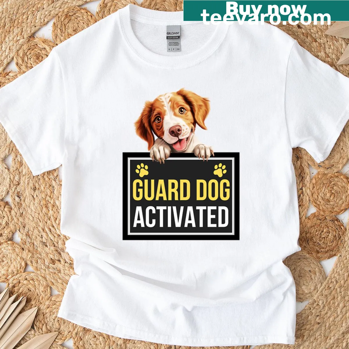 Brittany Spaniel t-shirt with guard dog activated illustration — on a men's t-shirt