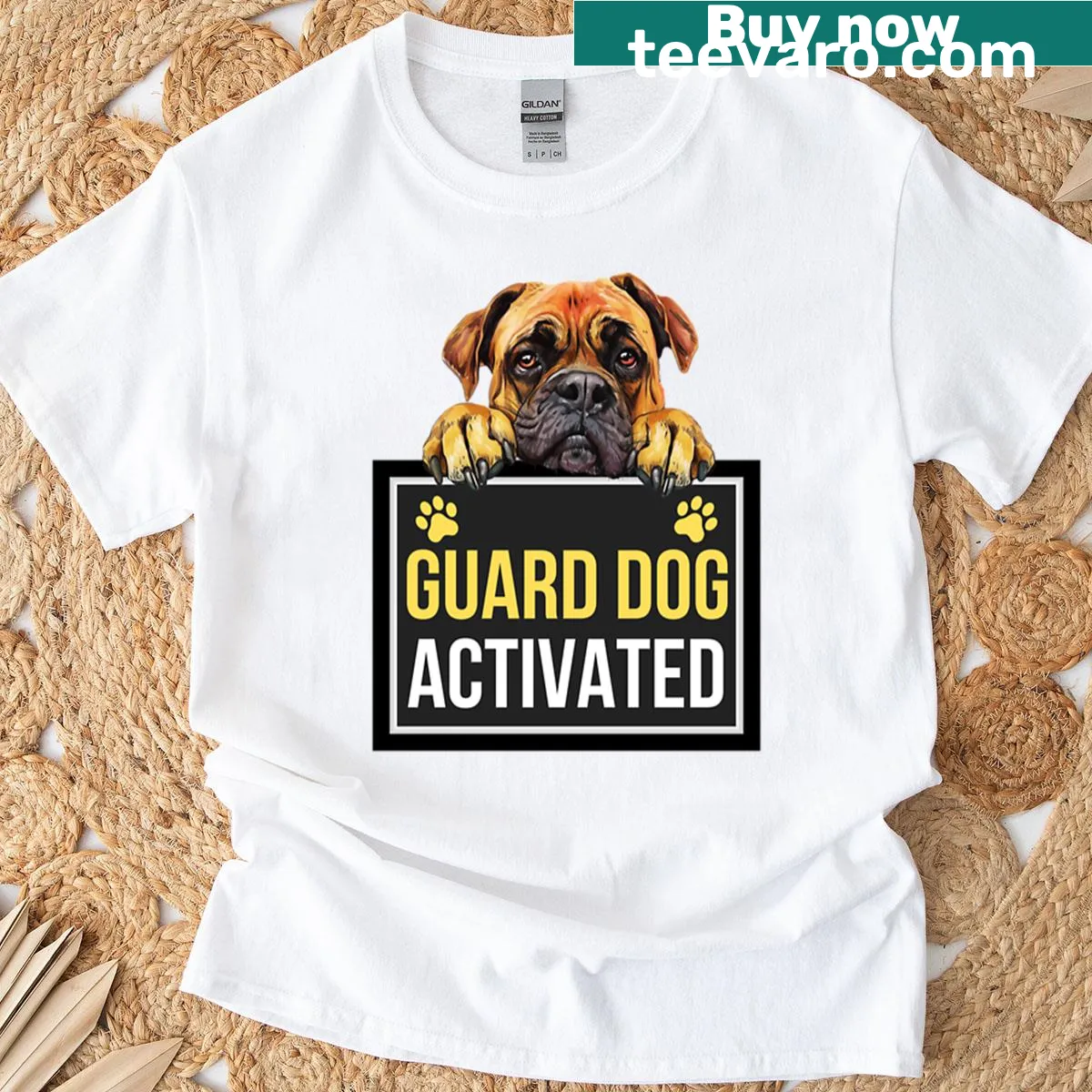 Illustrated Bullmastiff with 'Guard Dog Activated' text — on a men's t-shirt