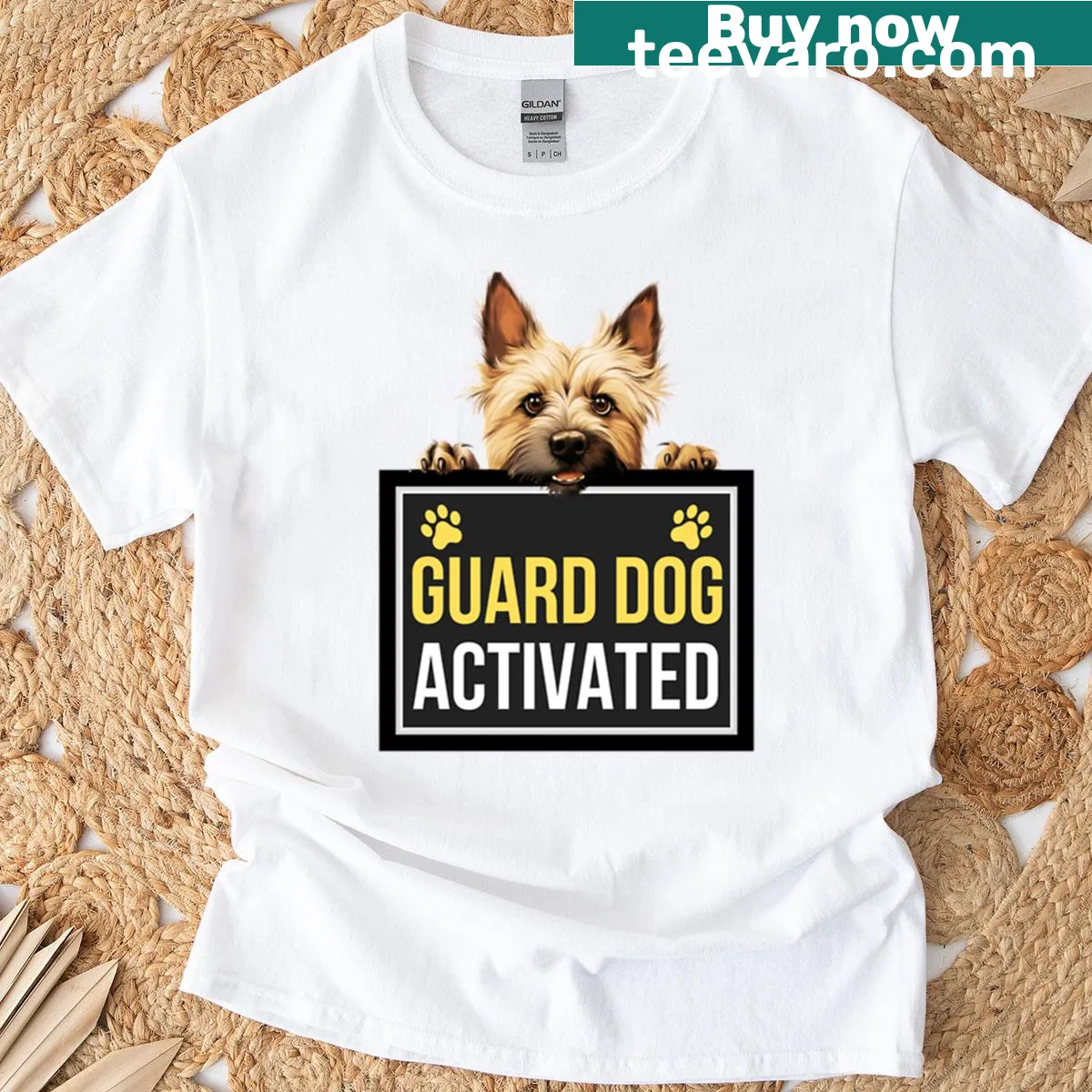 Cairn Terrier t-shirt with guard dog activated illustration — on a men's t-shirt